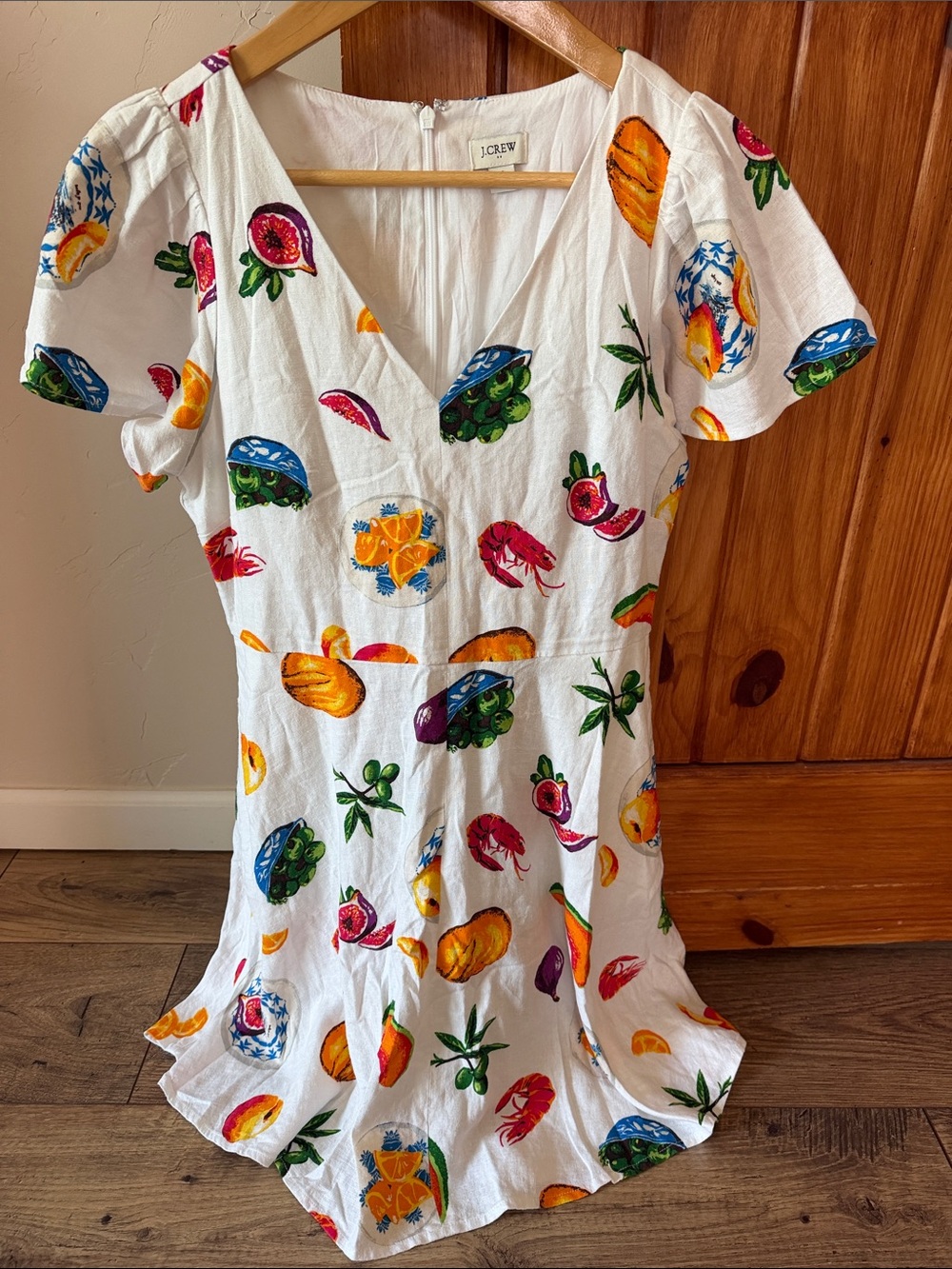 J. Crew Taverna Linen Blend Mini Dress Fruit & Seafood Print - Sz 4